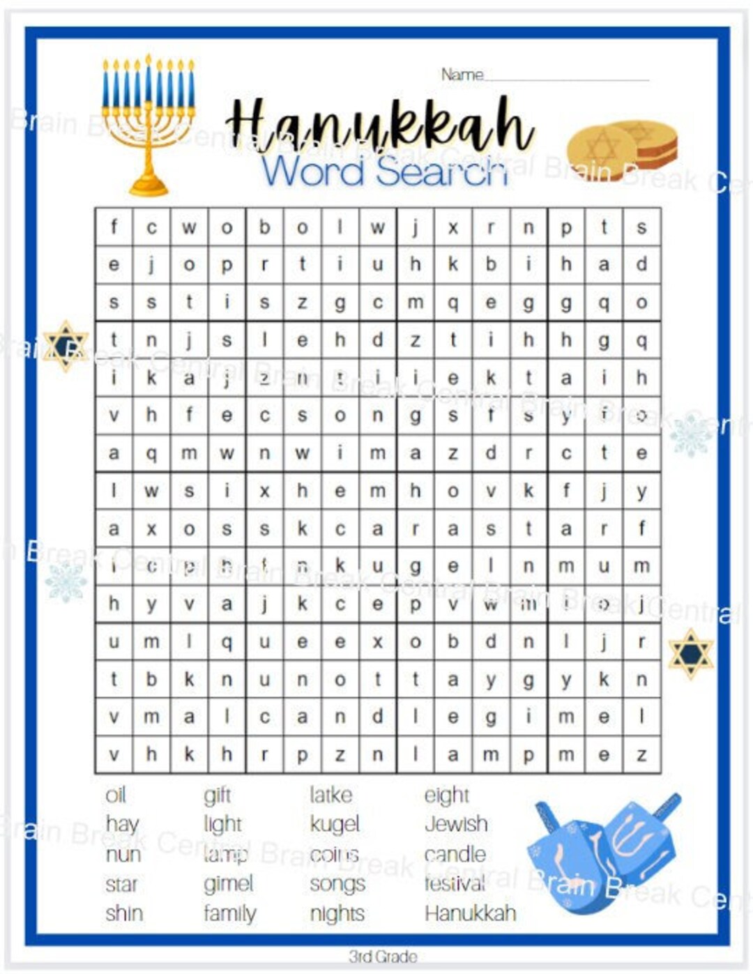 3rd Grade Hanukkah Word Search With Answer Key, Printable - Etsy for 3rd Grade Word Search Free Printable