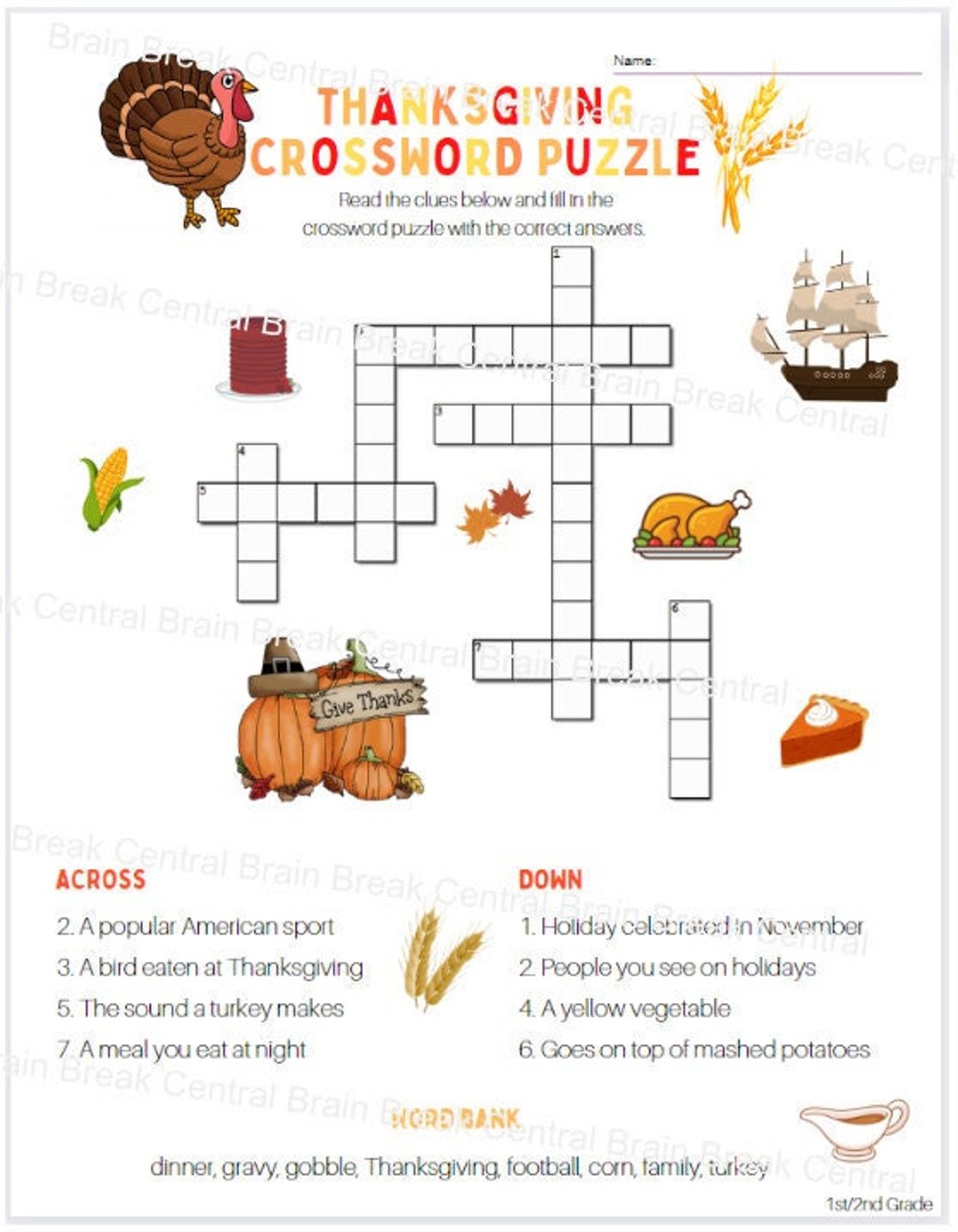 2nd Grade Thanksgiving Crossword Puzzle With Word Bank and Answer Key