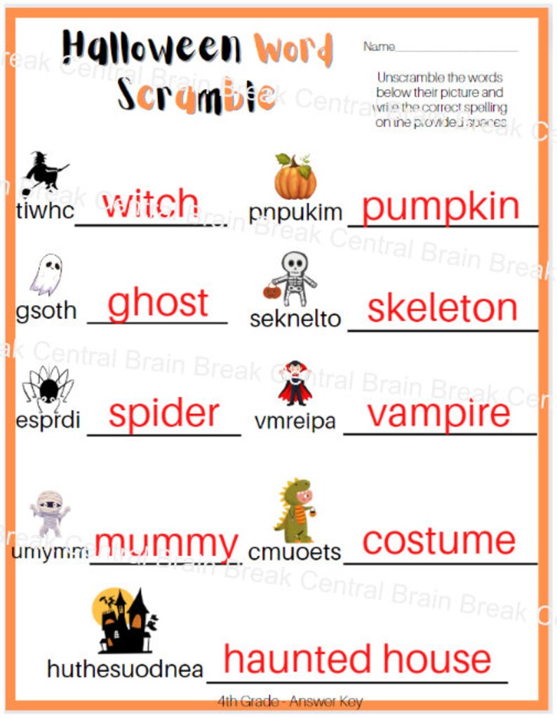 4th Grade Halloween Word Scramble Worksheet With Answer Key, Printable ...