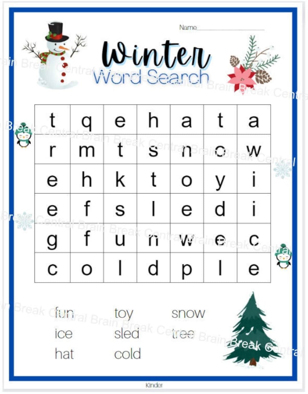 Kindergarten winter word search with answer key printable etsy finland