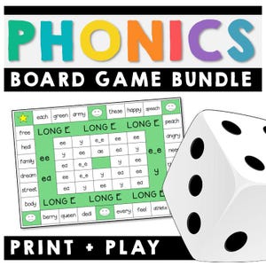 May include: A green and white board game with the words "PHONICS BOARD GAME BUNDLE" at the top. The game board has a grid with the words "LONG E" and different letter combinations. A white die with black dots is in the lower right corner. The text "PRINT + PLAY" is at the bottom of the image.