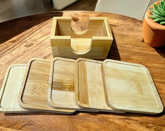 5 Piece Bamboo Coasters with Bamboo Wood Square Coaster Holder