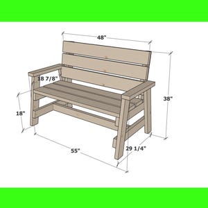 May include: A wooden bench with a light brown finish. The bench is 55 inches long, 48 inches wide, and 38 inches high. The armrests are 18 7/8 inches long, and the seat is 18 inches high. The legs are 29 1/4 inches wide.