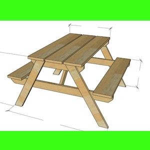 May include: A light brown wooden picnic table with attached benches. The table has a rectangular top made of three planks. The benches are also made of wood and are attached to the table's frame. Dimensions are indicated with lines.