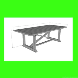 May include: A gray wooden table with a rectangular top and a criss-cross base. The table is 78 inches long and 36 inches wide.