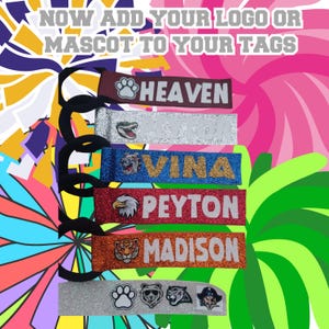 POM TAGS/Bag Tags with LOGO/Mascot. Set of (2) Name Tags. Bag Tags, Back to School, Team Gifts.
