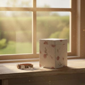 May include: A square, off-white box with a lid, decorated with pink floral patterns. Beside it, a brown leather collar with a metal clasp and a tag that reads "LUNA". A white feather rests nearby.