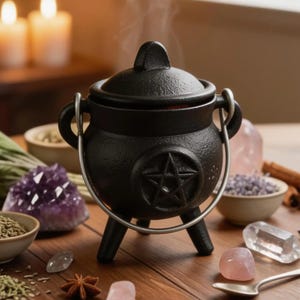 Mini Pentacle Design Cast Iron Cauldron with Lid & Handle – 4" Tripod Pot – Made in India – Altar Tool for Spells, Incense, Rituals - NEW