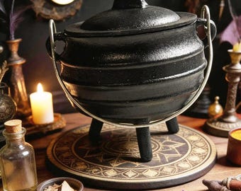 Medium Cast Iron Cauldron with Lid & Handle – Striped Metal Ritual Pot – Altar Decor Smudge Bowl - NEW