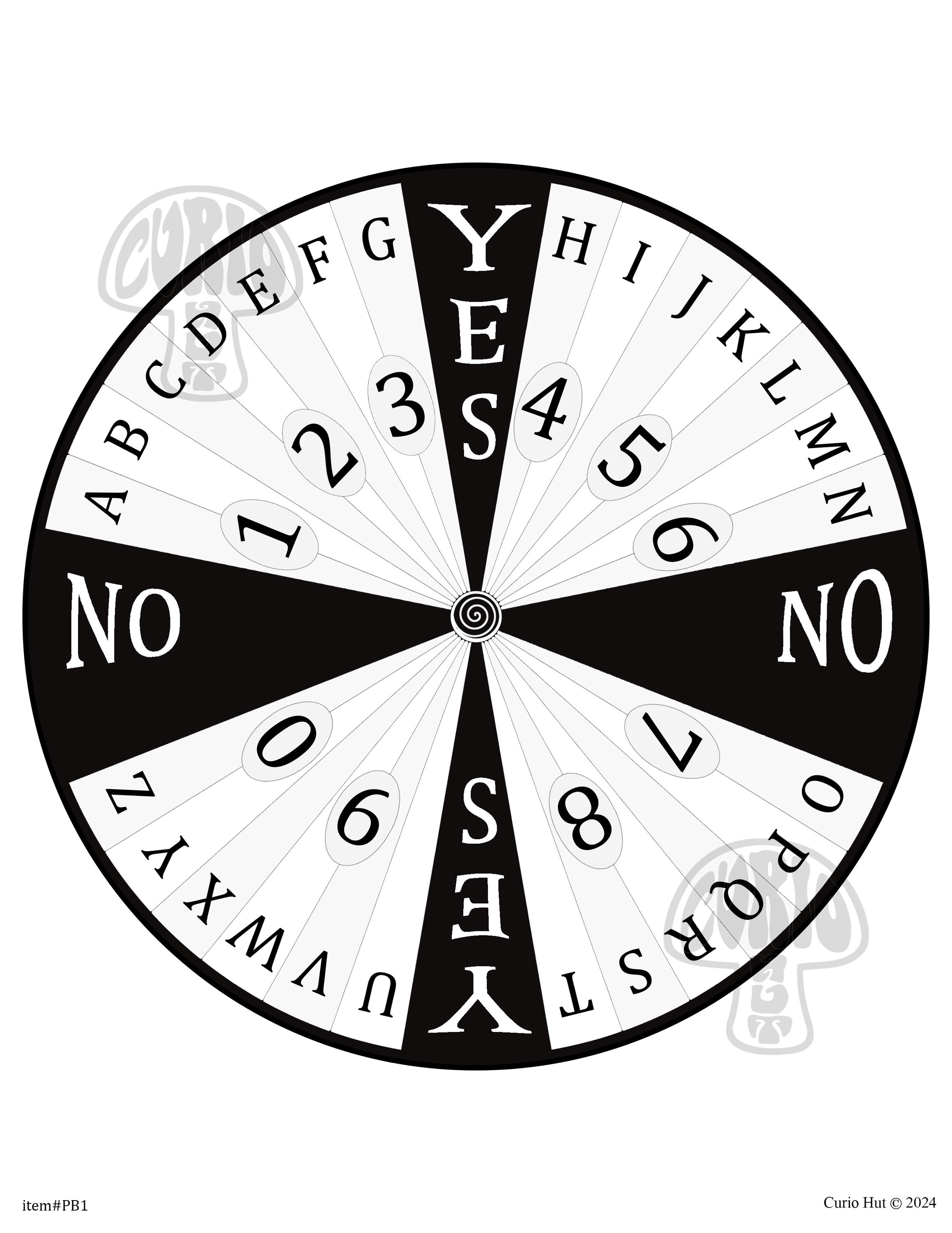 多目的振り子ボード - アルファベット数字のはい/いいえ占いを自分で印刷 - Curio Hutによる印刷可能なデジタルダウンロードJPG