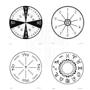 May include: Four black and white circular divination wheels with different designs. The first wheel has the alphabet and numbers 0-9. The second wheel has numbers 0-9. The third wheel has the words "Yes", "No", "Maybe", and "Unsure". The fourth wheel has astrological symbols.