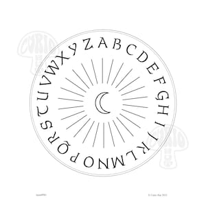 May include: A circular, black and white design featuring the alphabet around the edge. A crescent moon is in the center, with lines radiating outwards. The text "Curio Hut 2025" and "item#PB5" are also present.