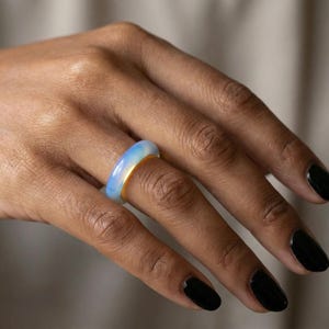 Opalite Solid Band Ring – Calming Energy, Emotional Support, Clear Communication – Available in Half Sizes 5 -10 – Gift Boxed