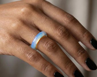 Opalite Solid Band Ring – Calming Energy, Emotional Support, Clear Communication – Available in Half Sizes 5 -10 – Gift Boxed