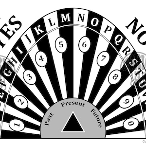 May include: A black and white Ouija board with the words "YES" and "NO" on opposite sides. The board features the alphabet, numbers, and the words "Past," "Present," and "Future." Two crescent moons are on the top corners.