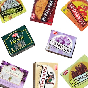May include: Assortment of HEM incense cone boxes, including Good Fortune, Frankincense, Dragons Blood, Precious Musk, Vanilla, Lavender, Sandal, and Cinnamon. Each box features unique designs and text indicating the scent.
