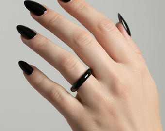 Natural Black Obsidian Mineral Solid Band Ring Size 6.5 - Grounding, Protection - gift boxed protective gemstone band