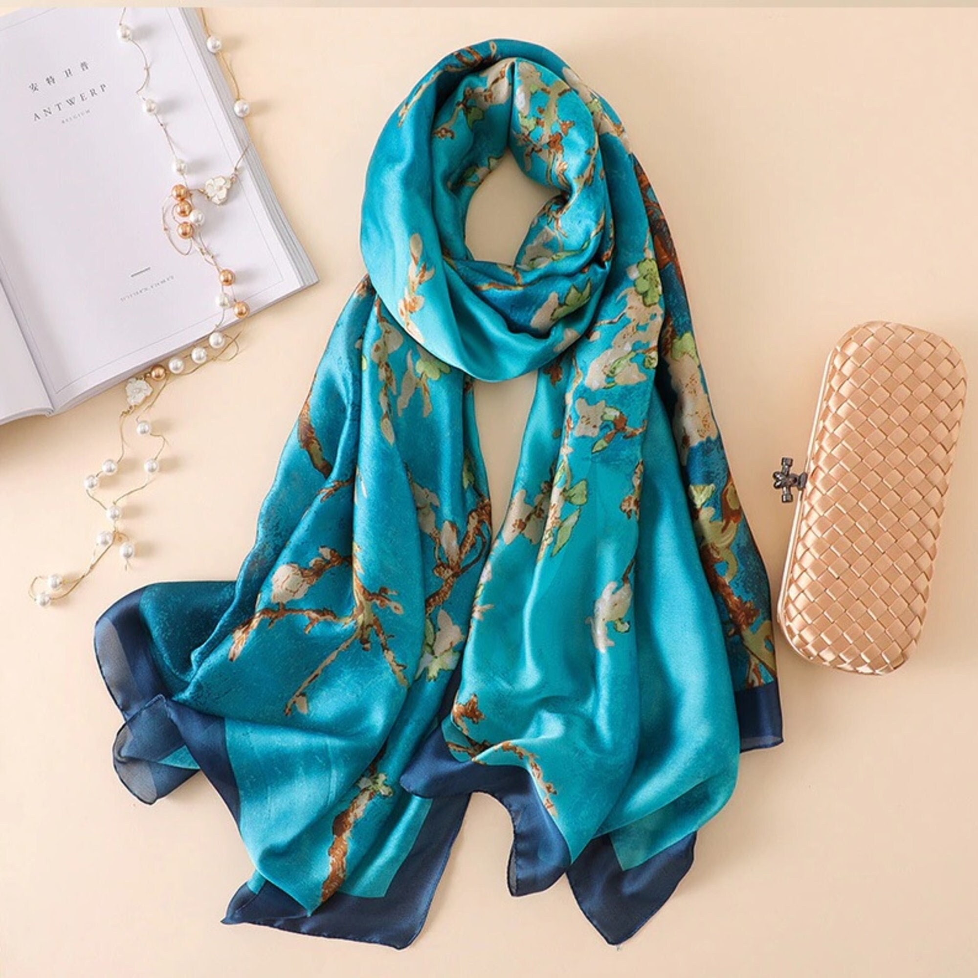 Blue Printed Silk Scarf - Etsy