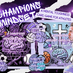 Op de afbeelding: Een digitale illustratie die "A Champions Mindset Card Game for Athletes" promoot. De afbeelding toont sportuitrusting, een hersengrafiek en tekst, waaronder "Faith & Identity". Het kleurenschema is voornamelijk paars en wit.