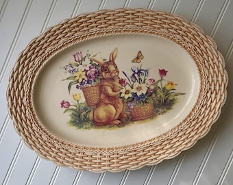 Retired CRACKER BARREL Easter Treasures Oval Basket Weave Bunny Rabbit Platter