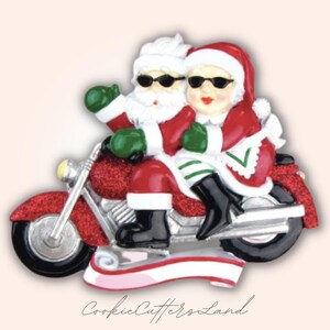 Motorcycle Ride Couple Mr & Mrs Claus Personalized Christmas Tree Ornament - Free Customization