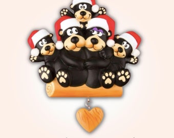 Black Bear Family 5 Personalized Christmas Tree Ornament - FREE CUSTOMIZATION