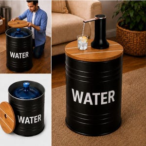 May include: A black cylindrical metal water jug stand with the word WATER printed in white letters. It features a circular wooden lid with a hole for a black electric water pump dispenser that pours water into a clear glass filled with ice.