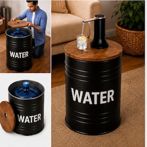 May include: A black cylindrical water jug stand with a wood-grain top lid and the word WATER printed in white. It features an integrated black and metallic water dispenser pump on top, shown dispensing water into a clear glass with ice.