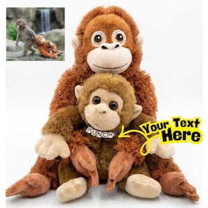May include: Two plush monkey toys, one large and one small, in shades of brown. The smaller monkey has the word "PUNCH" on a necklace. The image includes a small inset photo of real monkeys. The text "Your Text Here" is also present.