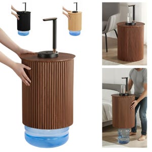 May include: A brown wooden water dispenser with a black pump and a round top. The dispenser is designed to fit over a large water bottle. Additional images show black and light wood versions.