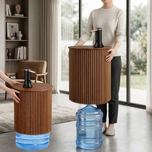 Large Water Jug Side Table, Round Fluted Nightstand w/ Hidden Water Bottle Storage, Round End Table Water Jug Storage – Fits Most Bottles