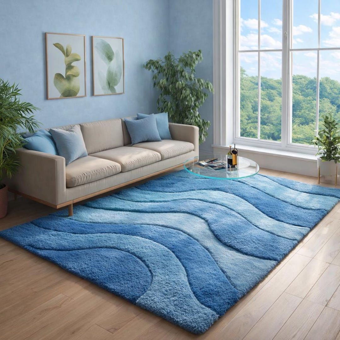 Modern Ocean Wave Blue Hand Tufted Area Rug – Abstract Textured Carpet ...