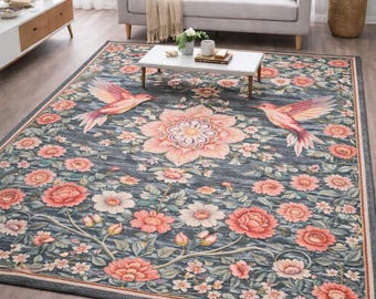 Handgetufteter Blumenvogelteppich, Vintage Botanischer Teppich Kolibri Blumenteppich Handgefertigter Wollteppich Wohnzimmerteppich Natur Inspirierter Designer Teppich