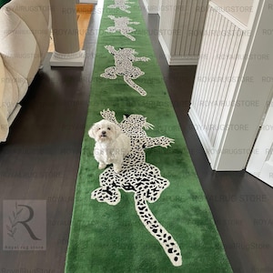 Green Leopard Print Runner Rug – Modern Animal Motif Hallway Carpet Hand-Tufted Scandinavian Rug - Free Shipping - Custom Sizes Available