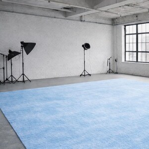 May include: A spacious photography studio with a large, light blue rug covering the floor. The room features a white brick wall, a large window, and professional lighting equipment on tripods. The ceiling is concrete, and the overall aesthetic is minimalist.