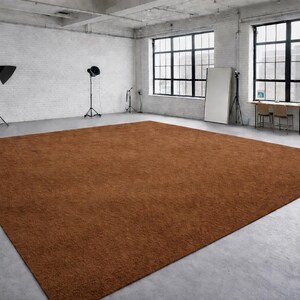 May include: A large, rectangular brown rug dominates the center of a studio space. The rug is a solid color and appears to be made of a soft, textured material. The studio has large windows and industrial lighting.