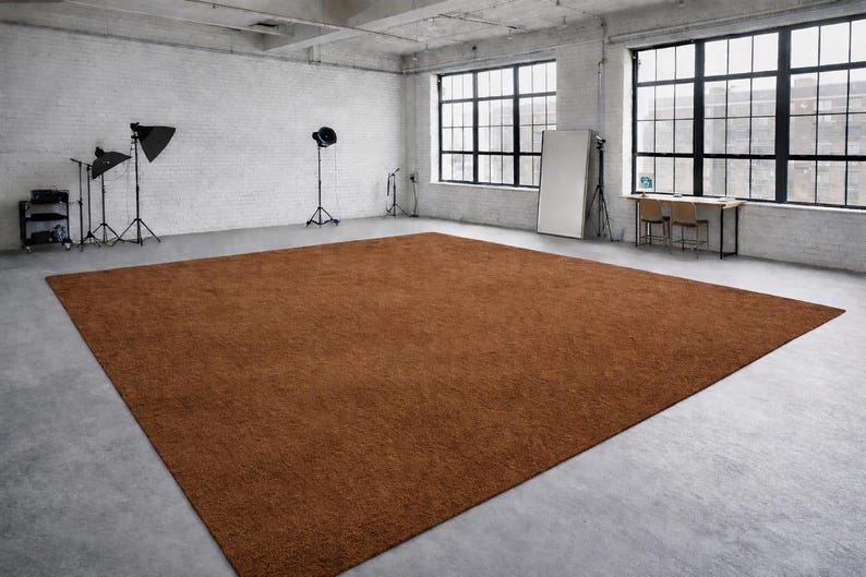 May include: A large, rectangular brown rug dominates the center of a studio space. The rug is a solid color and appears to be made of a soft, textured material. The studio has large windows and industrial lighting.