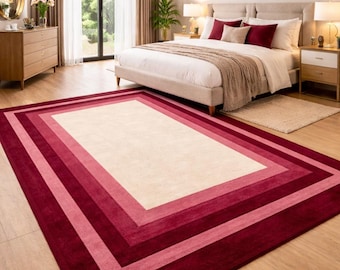 Moderner handgetufteter Randteppich, roter und cremefarbener Teppich, geometrischer Minimalistischer Teppich, Luxusteppich für Wohnzimmer, Büroteppich