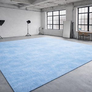 May include: A large, rectangular, light blue rug dominates a concrete floor in a studio setting. The rug's texture is visible, and the room features large windows, lighting equipment, and a white brick wall.