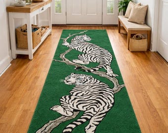 Weißer Tiger Teppichläufer 2,5x2,5m, Grüner Flurteppich, Handgetufteter Tigerteppich, Dschungeltier Teppich Langer Korridorteppich Eingangsbereich