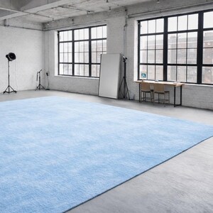 May include: A large, light blue rug dominates a studio space with white brick walls and large black-framed windows. The rug is the focal point, with a soft, textured appearance. The room also features studio lighting and a large mirror.