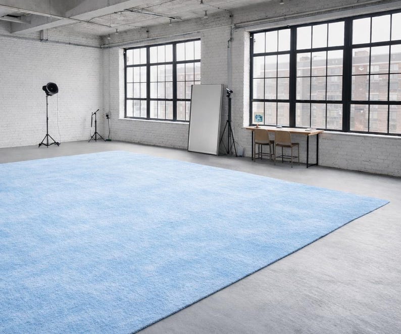 May include: A large, light blue rug dominates a studio space with white brick walls and large black-framed windows. The rug is the focal point, with a soft, textured appearance. The room also features studio lighting and a large mirror.
