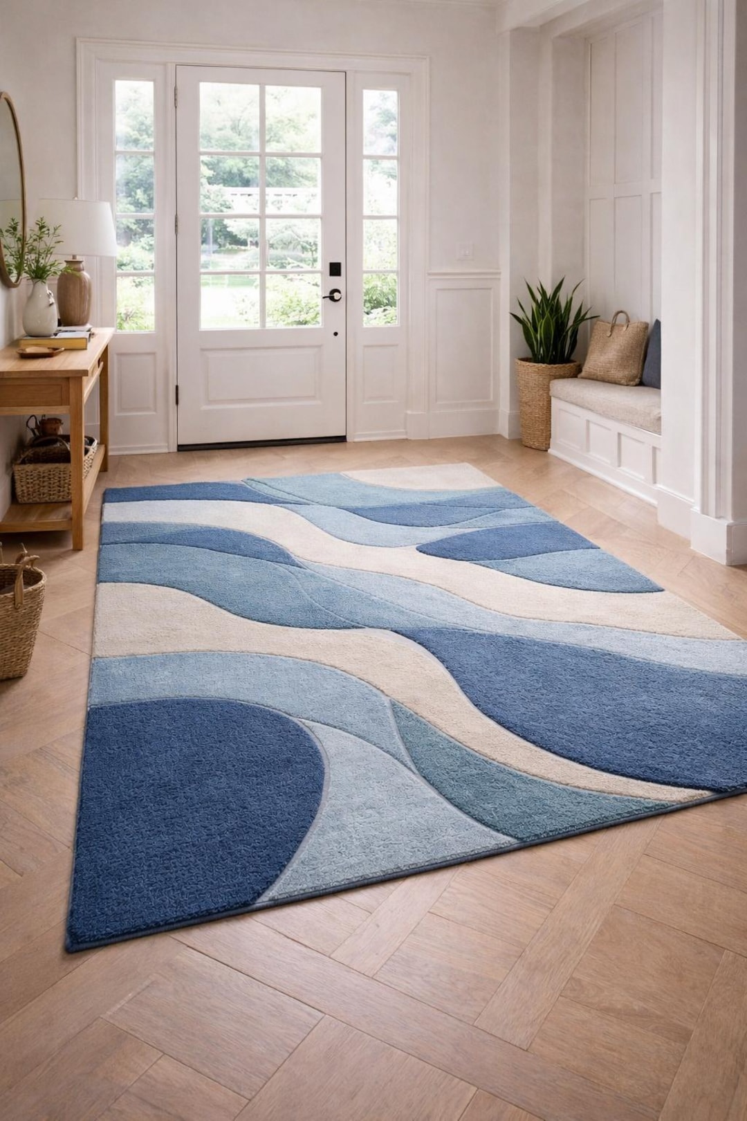 Modern Blue Wave Hand Tufted Area Rug – Abstract Ocean Design Soft ...