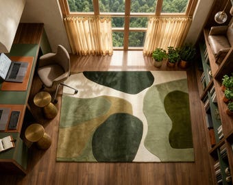 Grüner Abstrakter Bereich Teppich, Moderner Organischer Form Teppich, Natur Inspirierter Teppich, Salbei Oliv Beige Designer Teppich