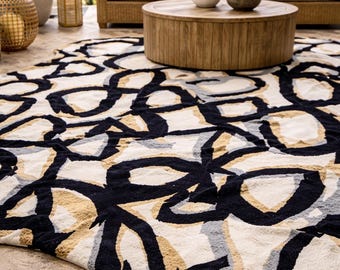 Handgefertigter Abstrakter Unregelmäßiger Teppich Moderner Handgetufteter Wollteppich Schwarz und Beige Bold Line Art Teppich für Wohnzimmer, Eingangsbereich