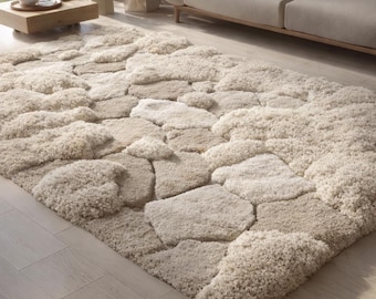Cloud Pebble Textured Area Rug – Handcrafted High-Low Plush Wool Look Rug– for Living Room & Bedroom 3D Neutral Rug Trendy 2026 Home Decor