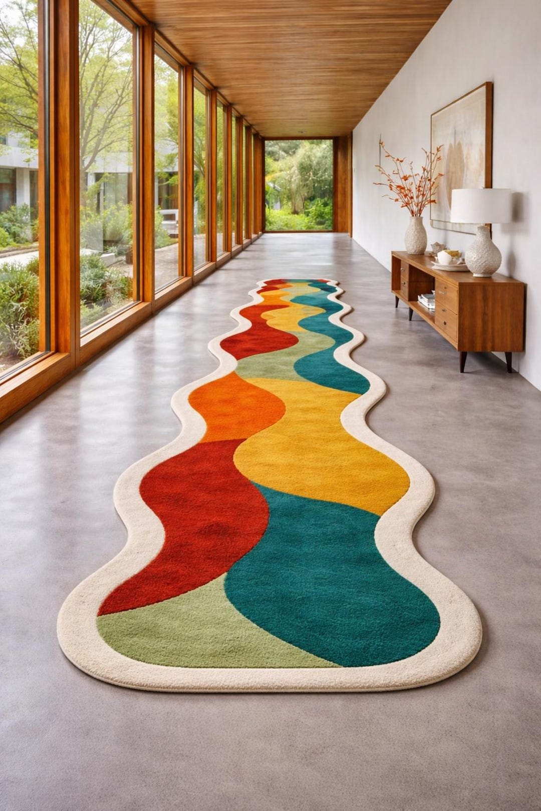 Unique Shape Runner Rug Modern Wave Multicolor Sculpted Runner Rug Hand Tufted Wool Hallway Rug ...