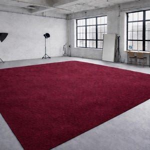 May include: A large, rectangular, burgundy-colored rug dominates a studio space. The rug is placed on a concrete floor, and the room features large windows, studio lights, and a white brick wall.