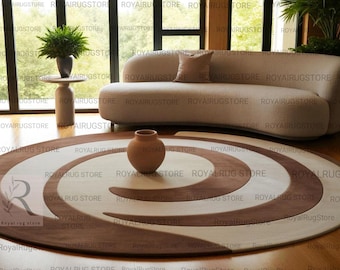 Earthflow Spiral Round Rug Beige Warm Brown Modern Beige Carpet, 10x10 ft Area Rug Mid-Century Modern Minimalist Bedroom Décor Kids Room Rug