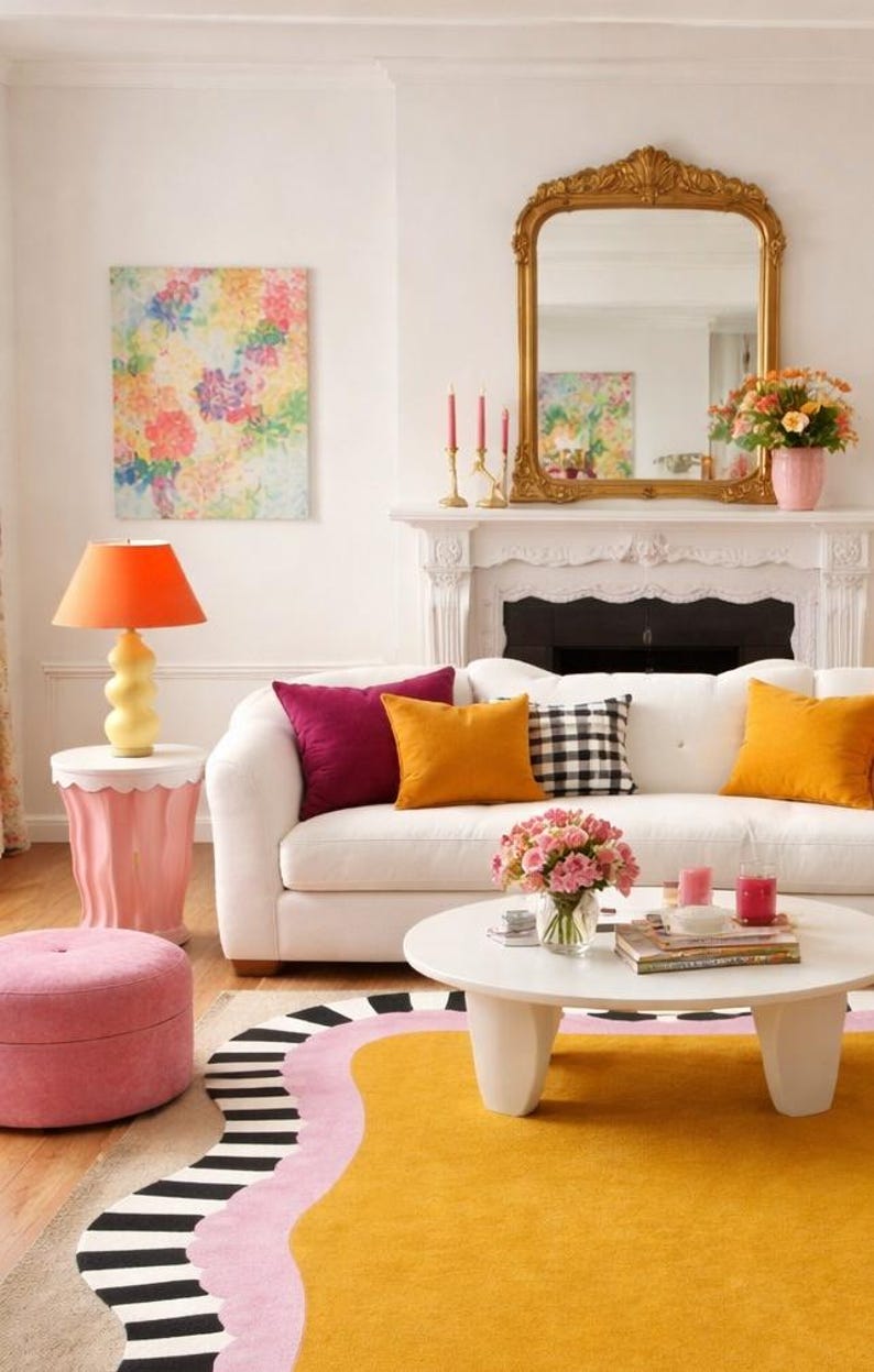 May include: A bright living room scene with a white sofa adorned with colorful pillows. A round coffee table holds flowers and candles. An orange lamp sits on a pink side table. A colorful rug and floral artwork complete the vibrant decor.